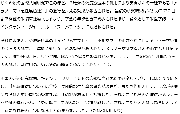 免疫療法薬２剤の併用、皮膚がんに効果