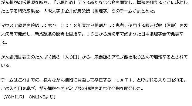 がん細胞「兵糧攻め」、阪大チームが化合物開発