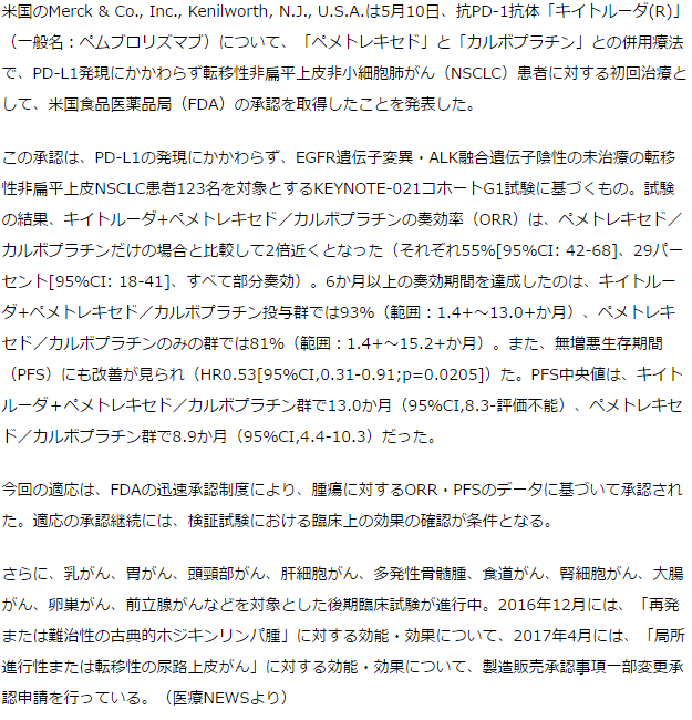 キイトルーダ、転移性非扁平上皮NSCLCに対する初の抗PD-1併用療法としてFDAが承認－米Merck