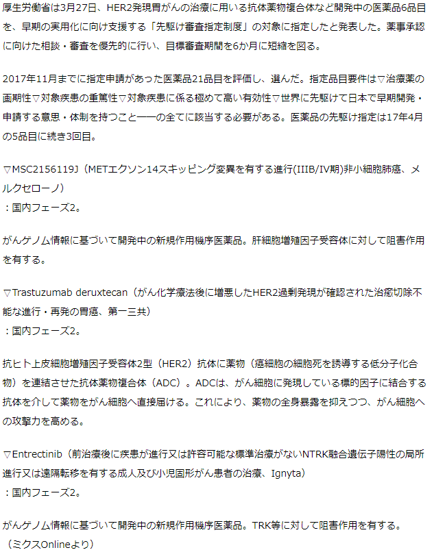 厚労省「先駆け審査指定制度」に6品目指定、HER2発現胃がんに用いる抗体薬物複合体など