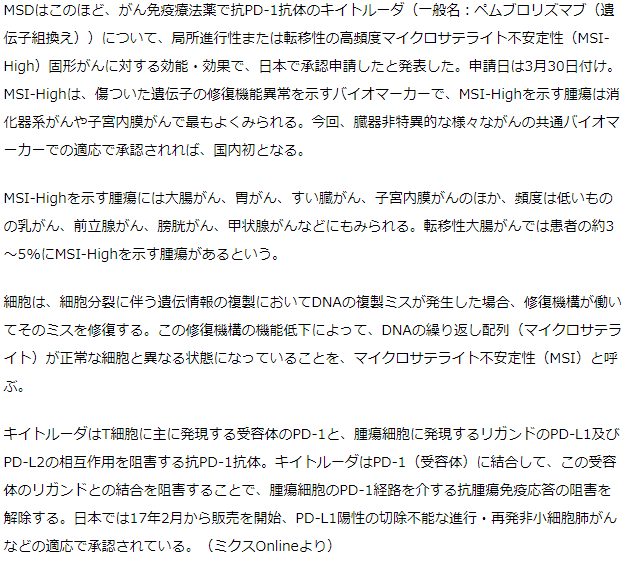 抗PD-1抗体キイトルーダ　バイオマーカー「MSI-High」を示す固形がんで承認申請