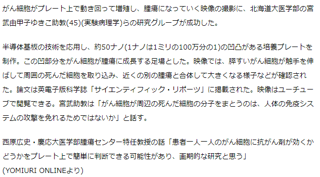 がん細胞、死んだ細胞取り込み腫瘍に…撮影成功