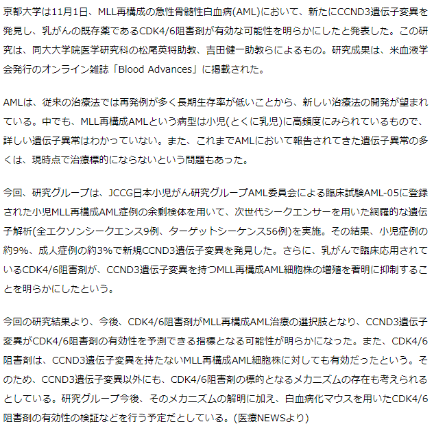 MLL再構成急性骨髄性白血病に乳がん既存薬CDK4/6阻害剤が有効な可能性－京大