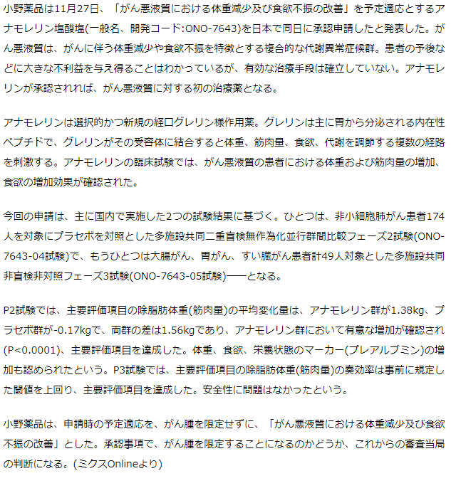 小野薬品　がん悪液質用薬アナモレリンを国内申請　承認されれば初の治療薬に