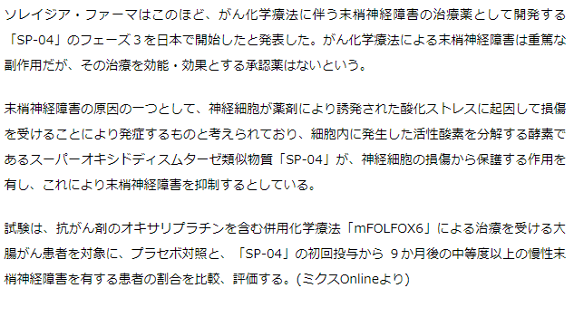 がん化学療法に伴う末梢神経障害治療薬「SP-04」 のフェーズ３開始