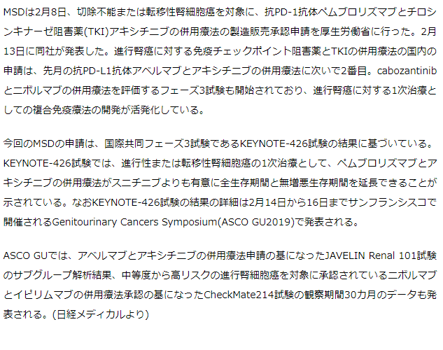腎細胞がんでキートルーダとインライタ併用療法承認申請