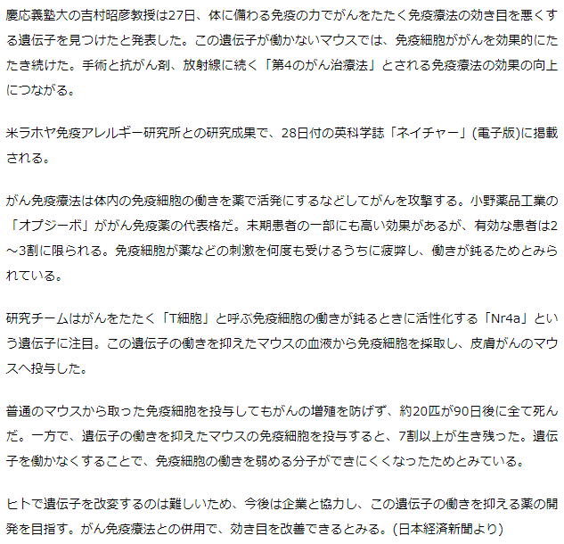 がん免疫療法、効果鈍らせる遺伝子「Nr4a」発見　慶応義塾大