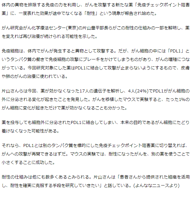 免疫チェックポイント阻害薬に耐性現象　治療薬変更で効果確認