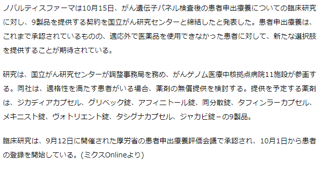 ゲノム医療後の患者申出療養にノバルティス薬剤無償提供