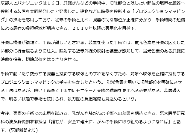 「プロジェクションマッピング」の技術を応用して安全で確実に、がんの手術に取り組める新たな装置を開発