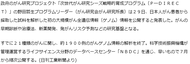 日本人から採取したがんゲノム情報を公開