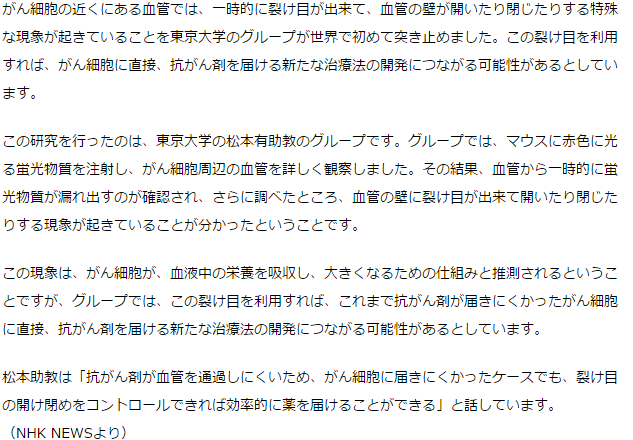 がん細胞周辺の血管の壁に裂け目