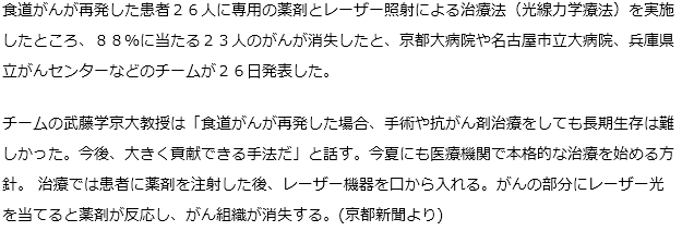 再発食道がん、８８％で消失レーザーと薬剤