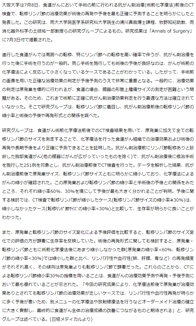 食道がん、術前化学療法でリンパ節転移縮小率30％以上で術後の予後良好