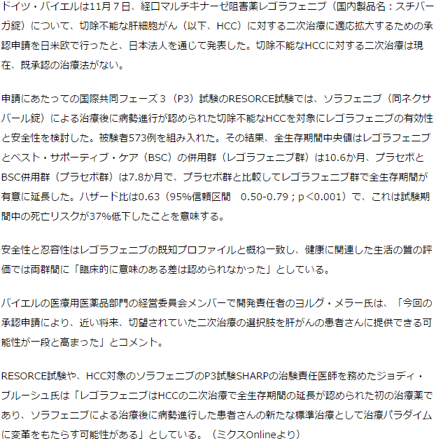 スチバーガ 切除不能肝細胞がん二次治療に適応拡大承認申請