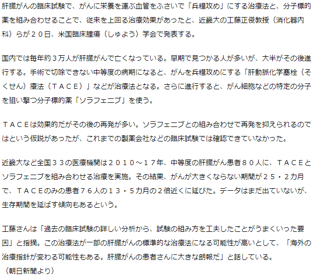 兵糧攻め＋分子標的薬＝肝臓がん治療に効果　近畿大