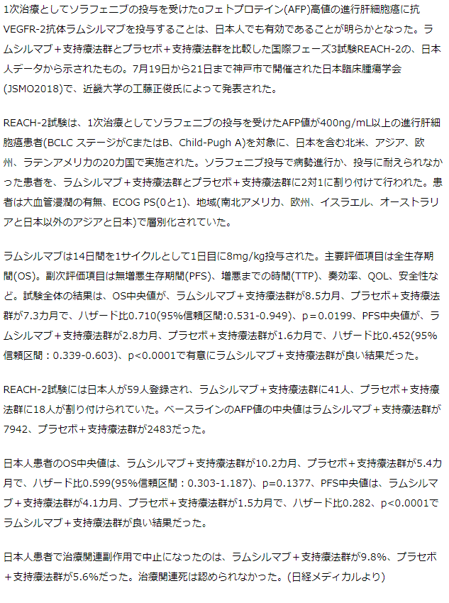 AFP高値の進行肝細胞癌へのラムシルマブ投与は日本人でも有効