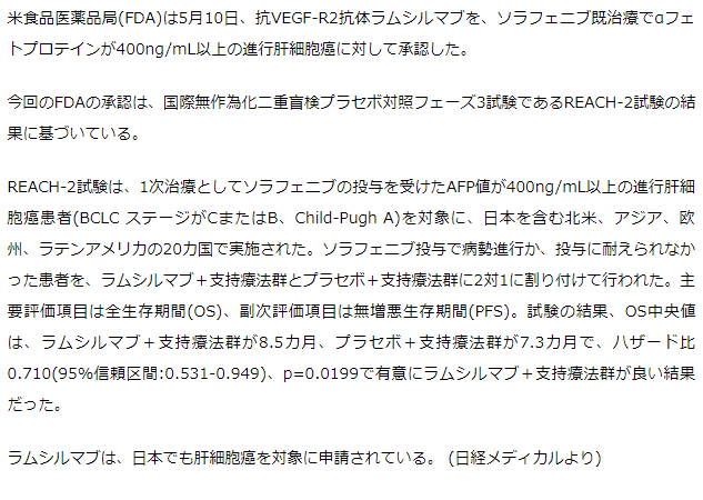 米国FDA　サイラムザが肝細胞がんを対象に承認