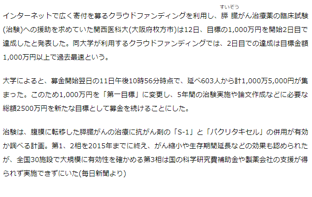 膵臓がん治療薬の第3層治験　ネット寄付が2日で目標金額達成