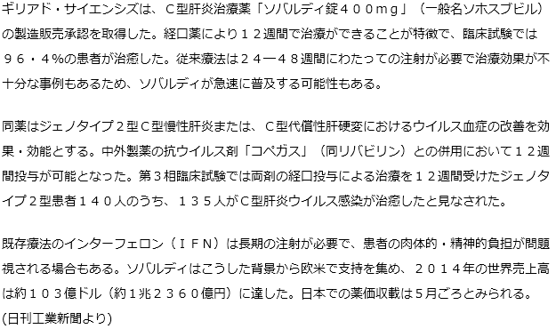 ギリアド・サイエンシズ、Ｃ型肝炎治療薬で製販承認１２週間で治療可能