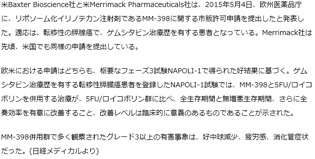 転移性膵癌対象に欧米でリポソーム化イリノテカンの市販許可申請が提出