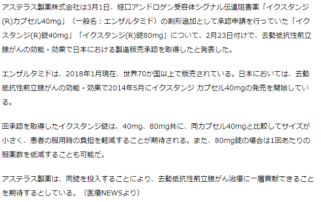前立腺がん治療剤イクスタンジ、錠剤40mg・80mgの追加承認取得