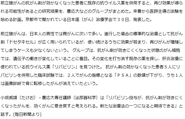 抗ウイルス薬併用で抗がん剤効き目再び