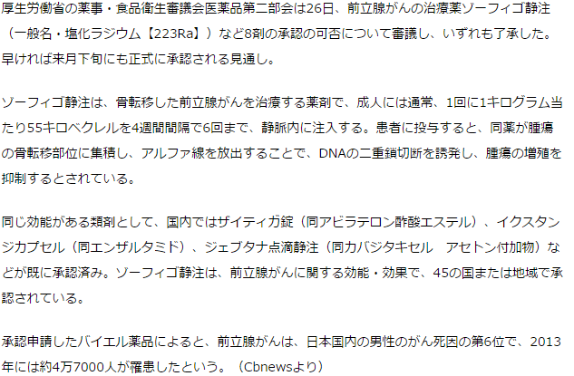 前立腺がん治療薬ゾーフィゴなど承認へ